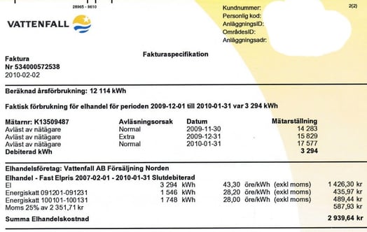 Electrical bill from Vattenfall