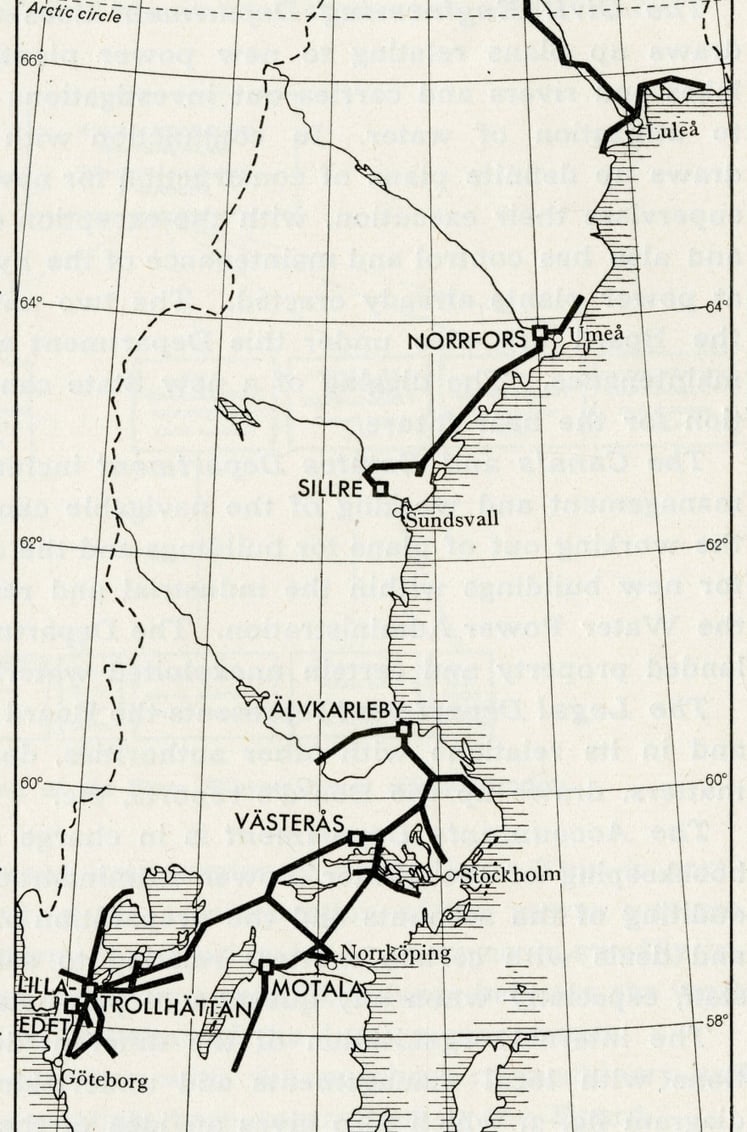 A map of Vattenfall's power stations and main transmission lines in 1933