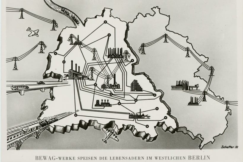 Schematic overview of the electricity supply in the divided city of Berlin in the 1950s.
