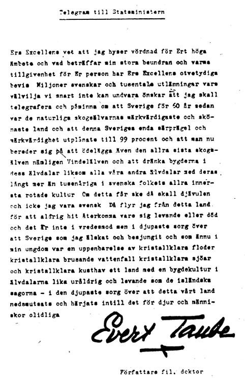 The letter Evert Taube wrote to the prime minister.