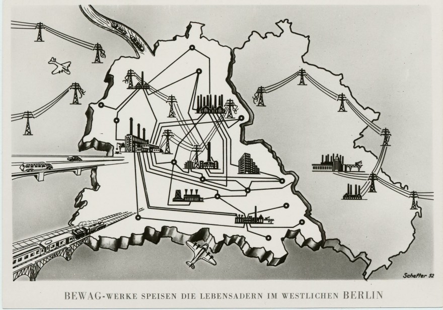 Schematic overview of the electricity supply in the divided city of Berlin in the 1950s.