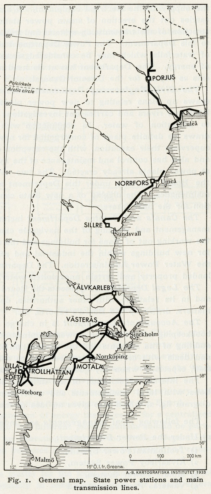 A map of Vattenfall's power stations and main transmission lines in 1933