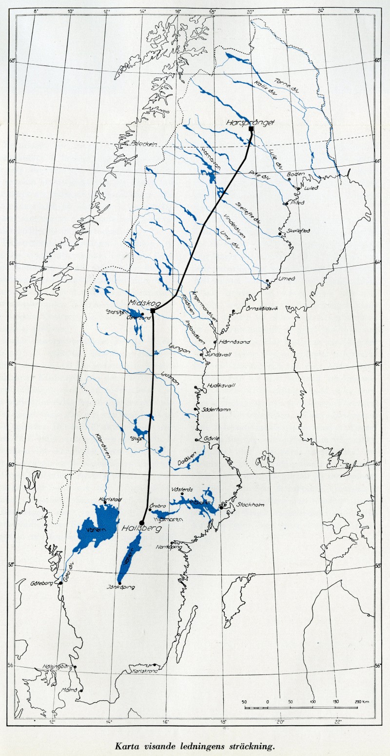 A map of the power line between Harsprånget and Hallsberg. 