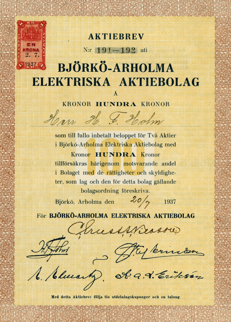 Stock certificate for the company that became Vattenfall AB