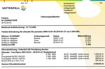 Electrical bill from Vattenfall